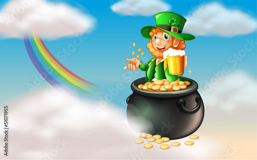 A man inside a pot of gold with a mug of cold beer