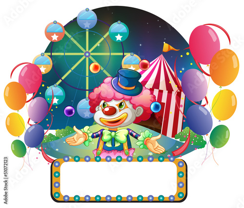 An empty board with lightbulbs in front of a clown