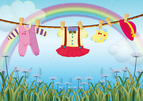 A garden with hanging baby clothes