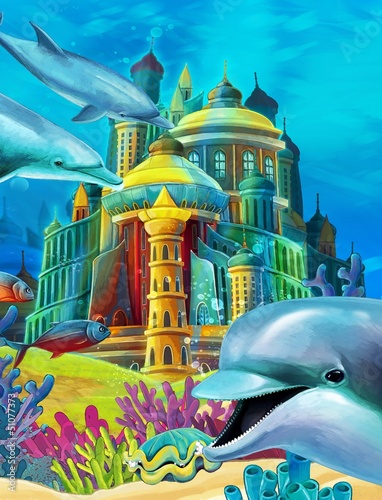 The underwater castle with dolhins swimming on the coral reef - illustration for children photo