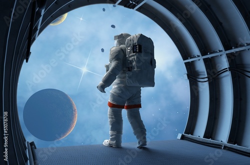 Obraz astronauta w tunelu z widokiem na kosmos