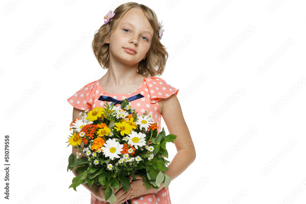 Little girl holding bunch of wildflowers over white background Little girl holding bunch of wildflowers over white background