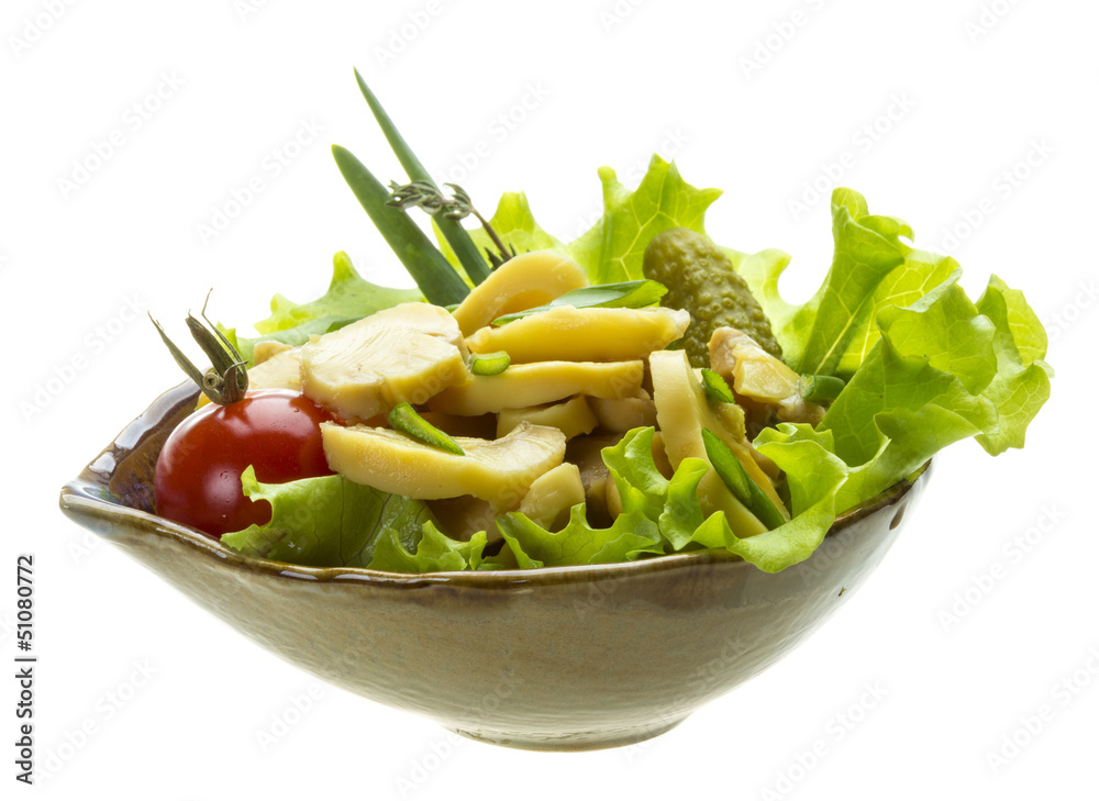 Marinated mushrooms in white saucer isolated on white Marinated mushrooms in white saucer isolated on white