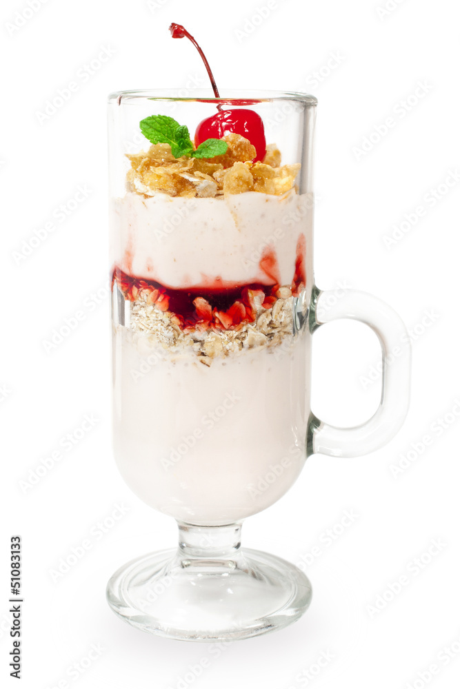 dessert with yogurt and cherry jam in a glass dessert with yogurt and cherry jam in a glass