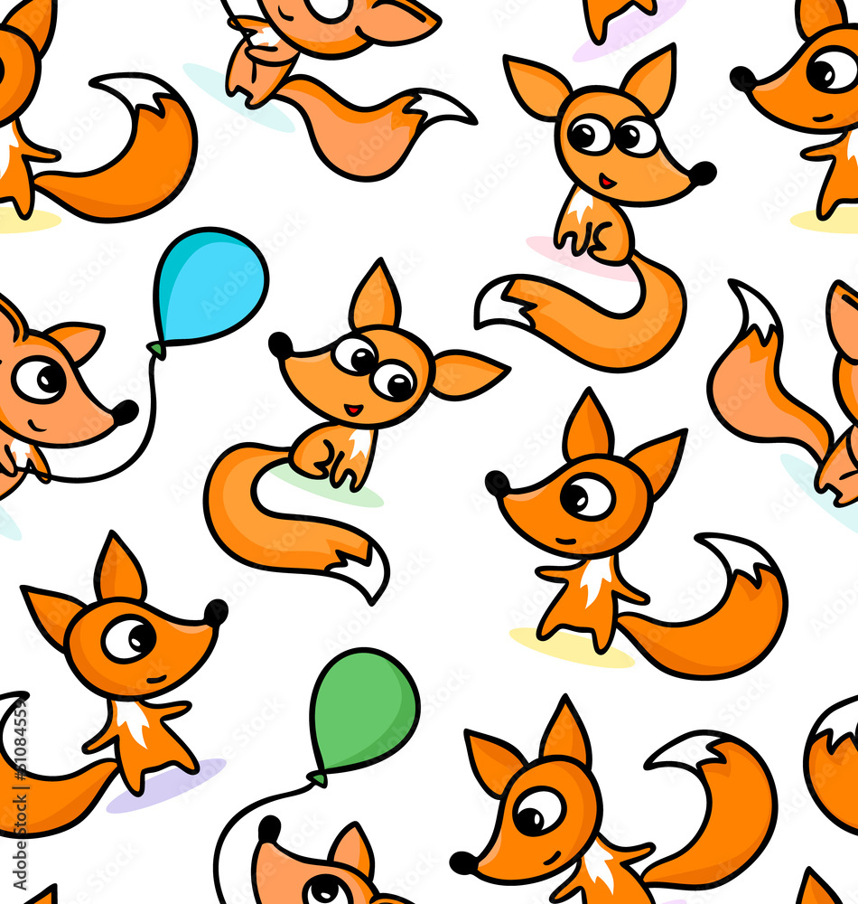 happy little foxes on seamless pattern background
