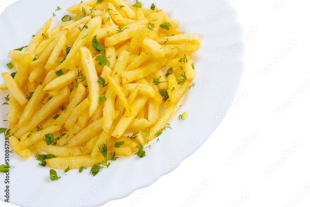 potatoes fries and plate dill isolated on white background clipp potatoes fries and plate dill isolated on white background clipp