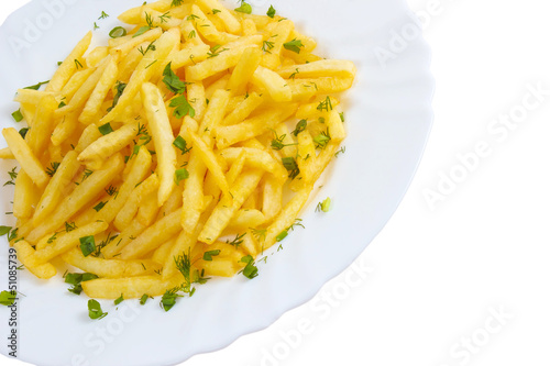 potatoes fries and plate dill isolated on white background clipp
