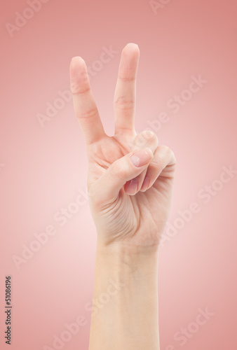 Hand with two fingers up in the peace or victory symbol. Also th