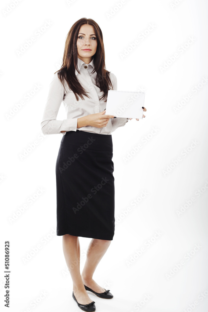Beautiful business woman holding a blank card in her hands. Beautiful business woman holding a blank card in her hands.