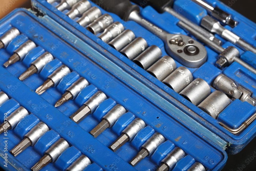 Closeup toolkit set tools in blue box Closeup toolkit set tools in blue box