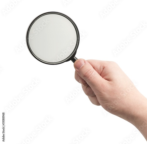 Right hand holding magnifying glass, clipping path