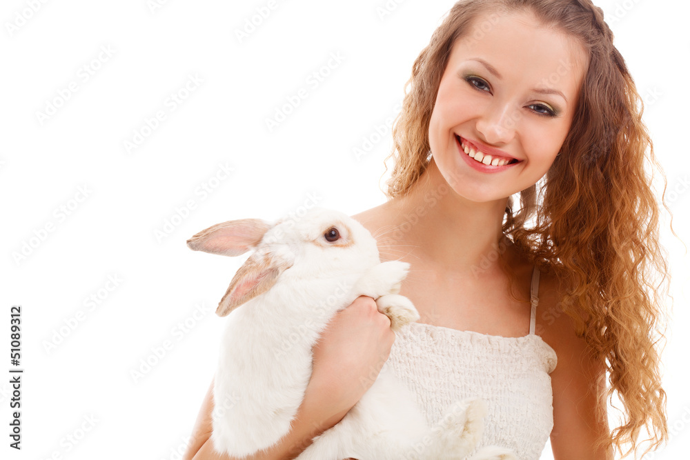 happy woman holding rabbit happy woman holding rabbit
