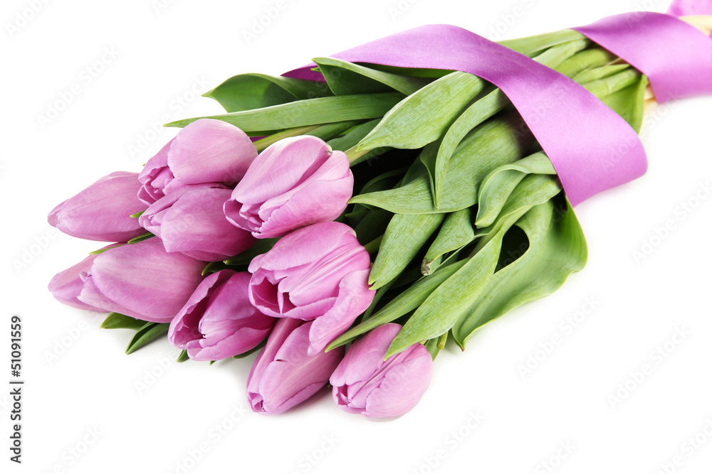 Beautiful bouquet of purple tulips, isolated on white Beautiful bouquet of purple tulips, isolated on white
