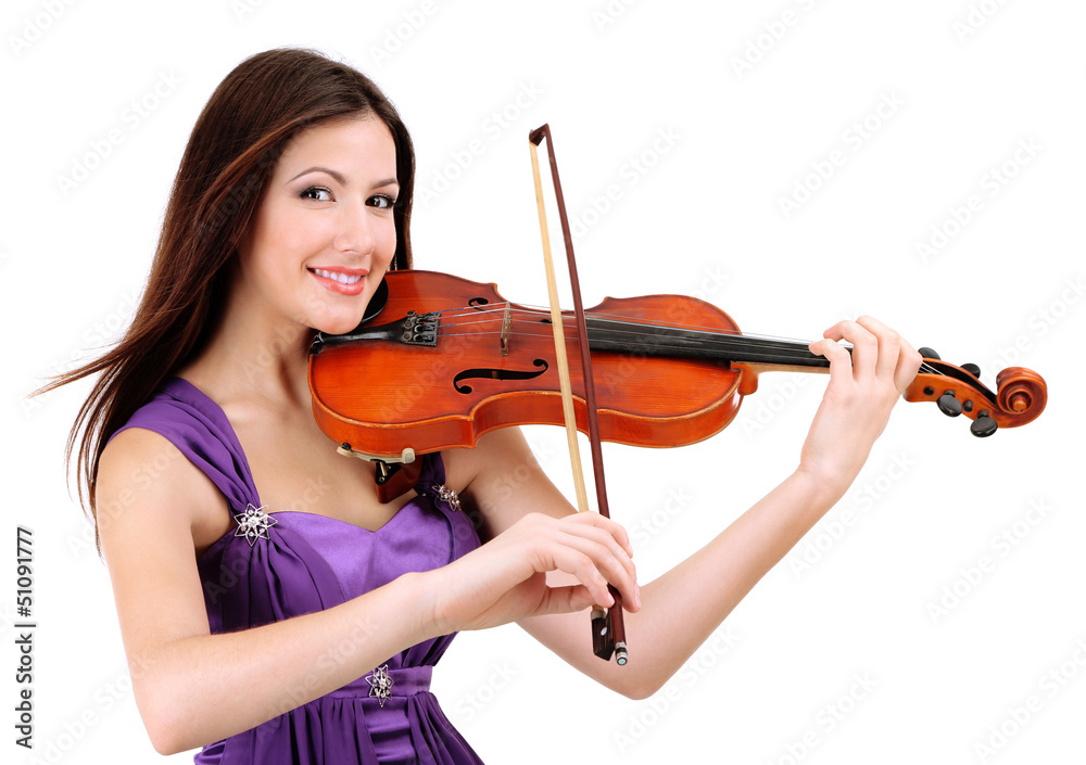 Beautiful young girl with violin, isolated on white Beautiful young girl with violin, isolated on white