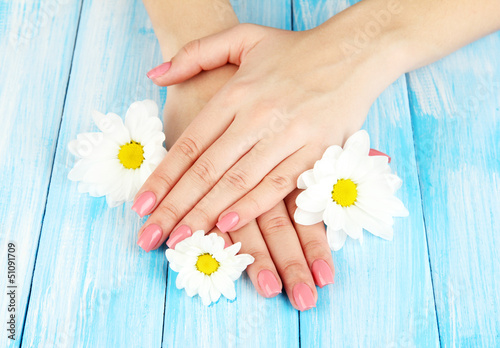 Fototapeta Naklejka Na Ścianę i Meble -  Woman hands with pink manicure and flowers, on color background