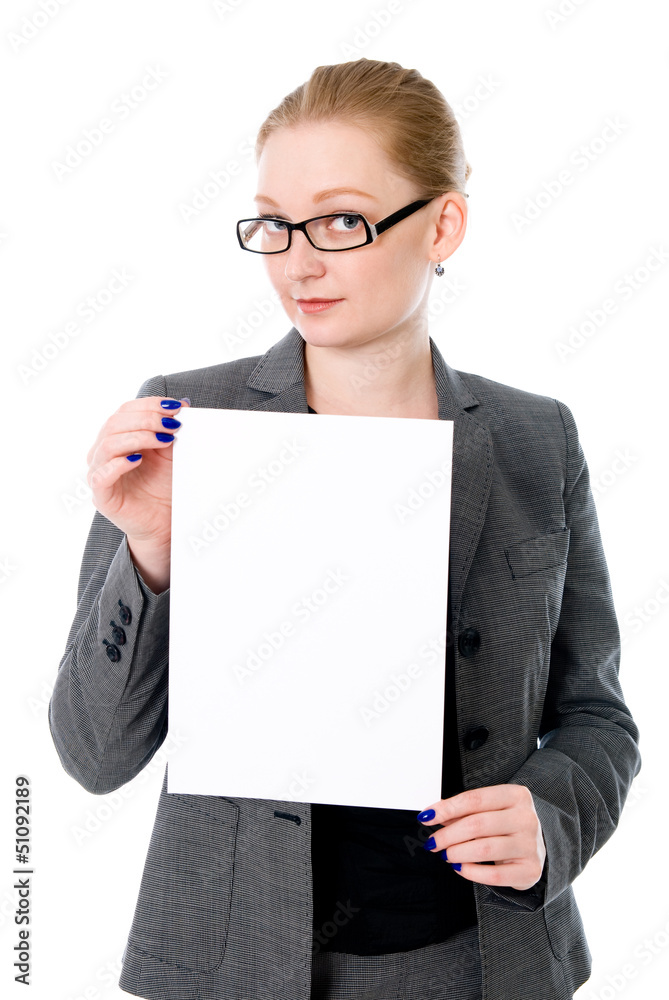 Beautiful young blond business woman is holding blank whiteboard Beautiful young blond business woman is holding blank whiteboard