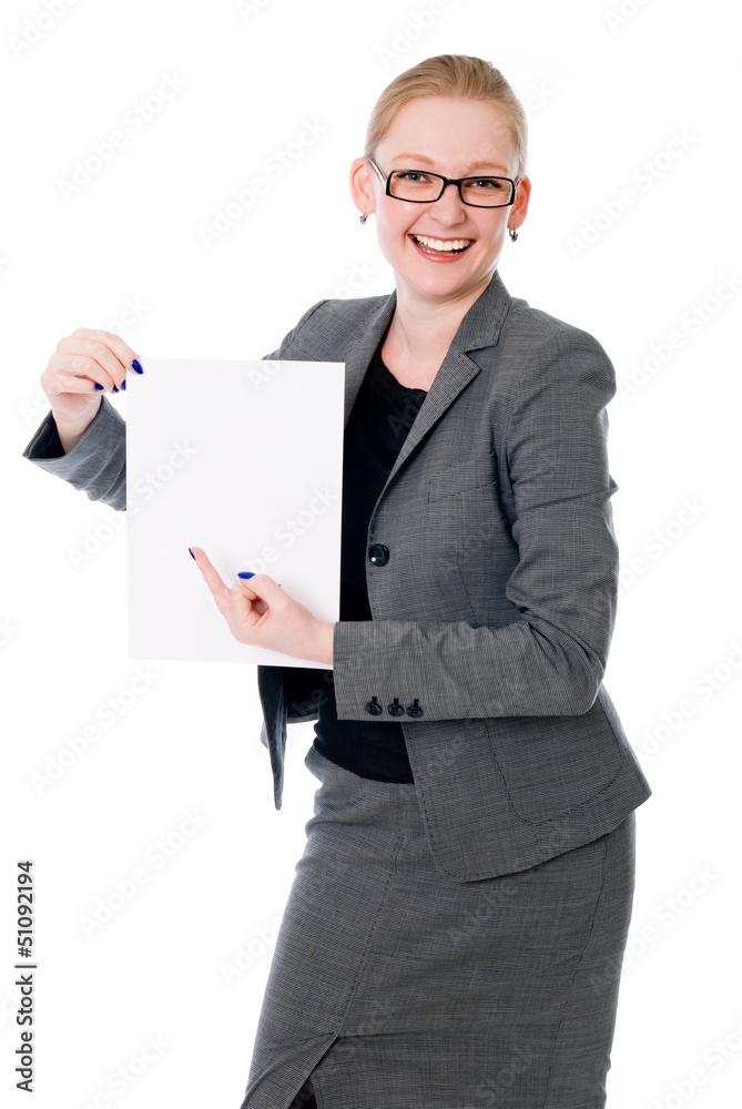 Portrait of cheerful young business woman holding a white blank Portrait of cheerful young business woman holding a white blank