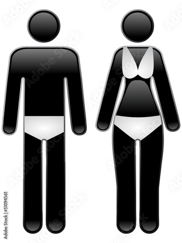 Schwarzes Icon mit zwei Badgästen in Bikini und Badehose, Vektor