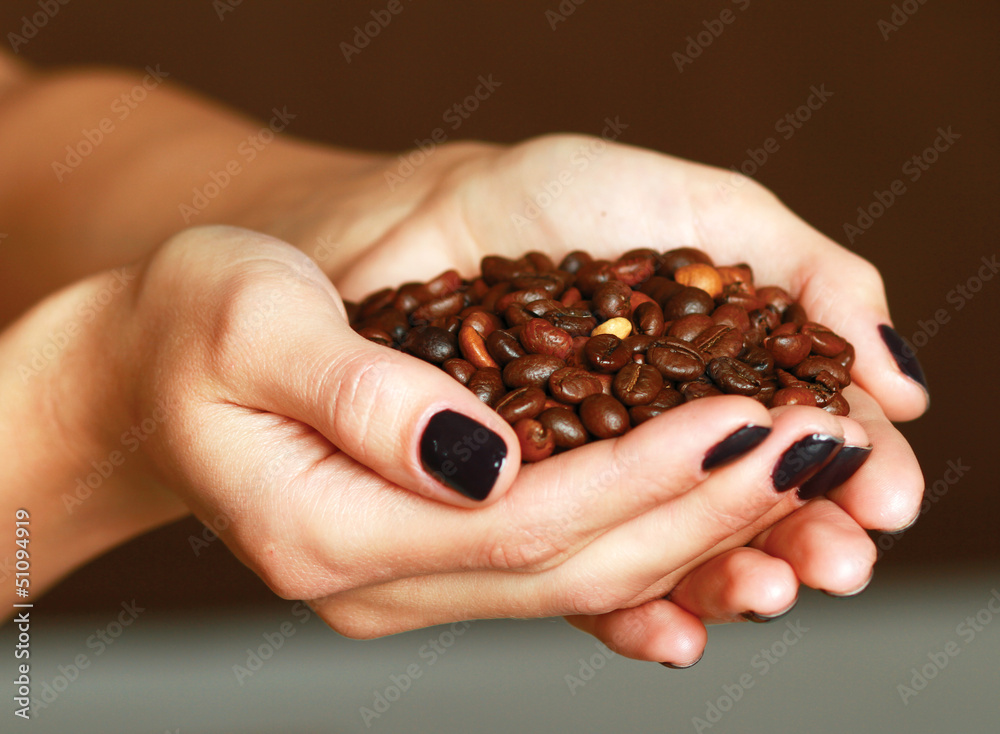 Female hands cupped holding coffee beans Female hands cupped holding coffee beans