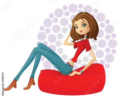 Flirty girl resting in a red bean bag