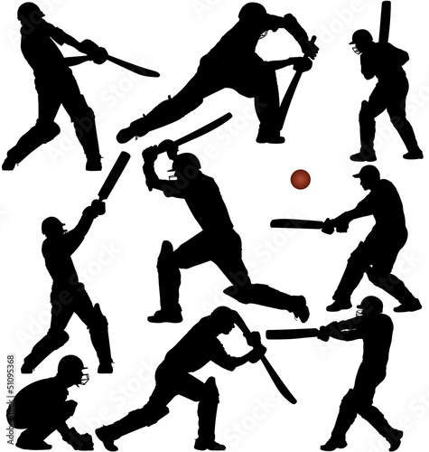 Cricket game player silhouettes set on white background. Layered and fully editable