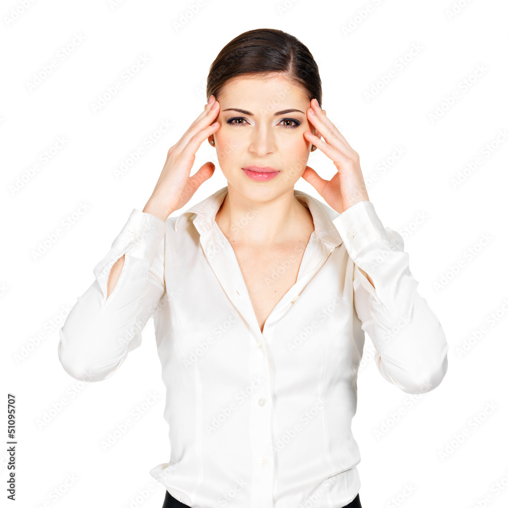 woman in glasses with headache squeezes the temples