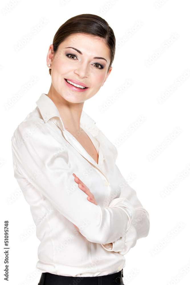 Young beautiful smiling woman in white office shirt Young beautiful smiling woman in white office shirt