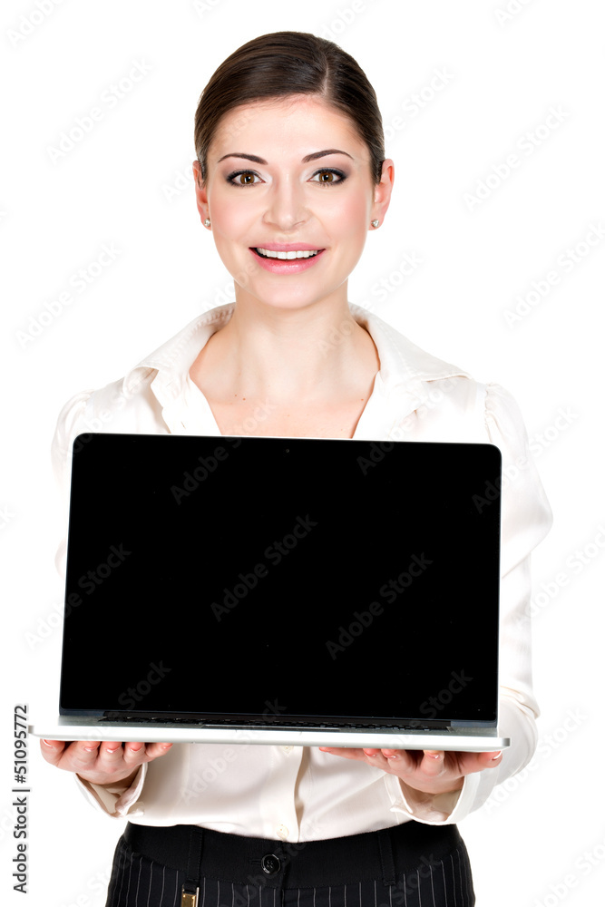 woman holds laptop with blank screen woman holds laptop with blank screen