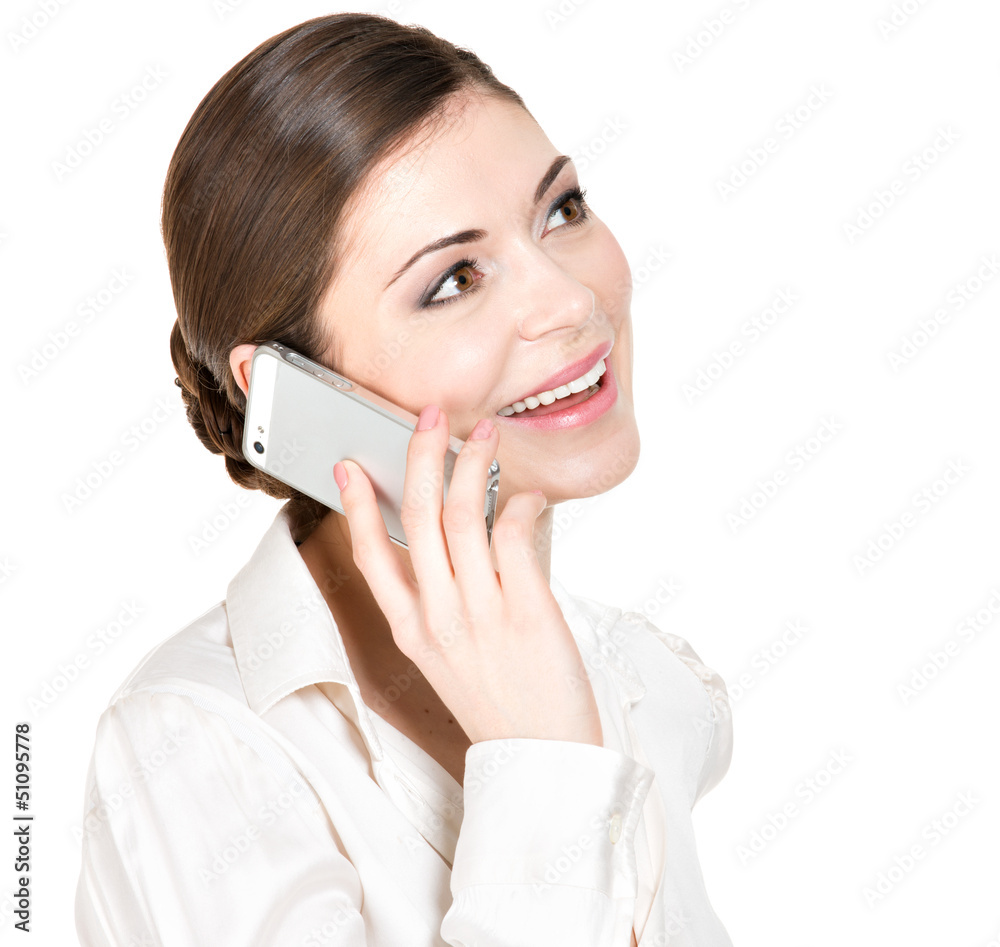 Portrait of happy woman calling by mobile in white shirt Portrait of happy woman calling by mobile in white shirt