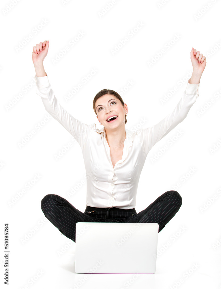 Successful business woman raised hands up Successful business woman raised hands up