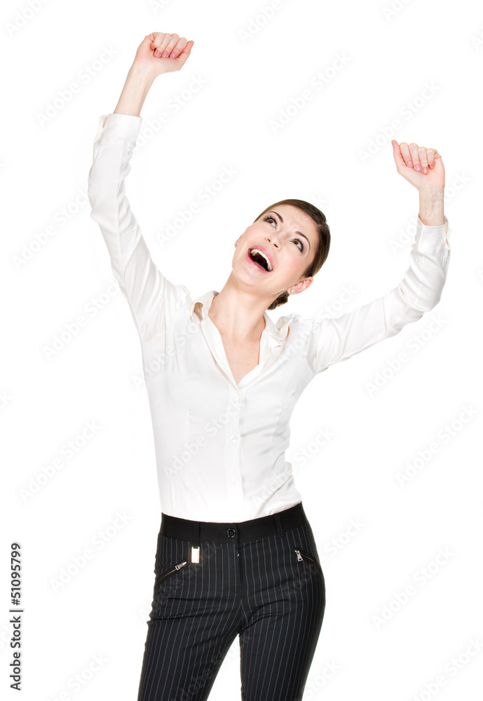 Happy woman with raised hands up in white shirt Happy woman with raised hands up in white shirt