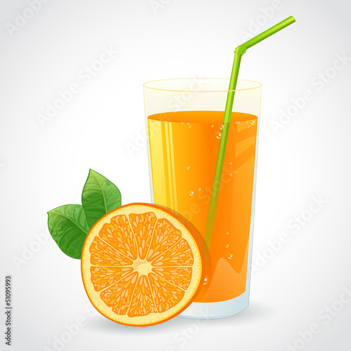 A glass of orange juice and half of ripe orange isolated