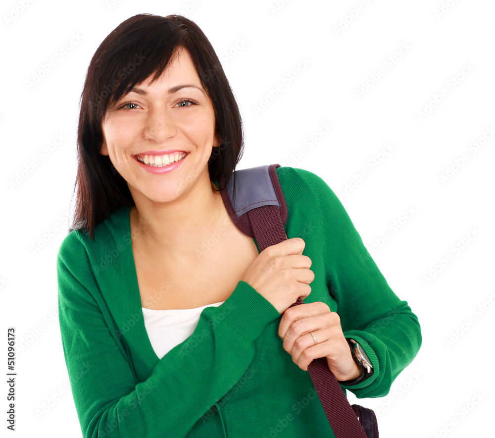 Female student with bag, isolated on white background Female student with bag, isolated on white background