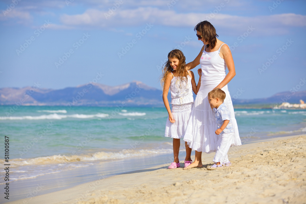 Mother with kids on beach