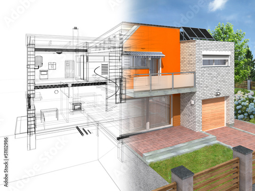 Modern house in section with visible infrastructure in interior