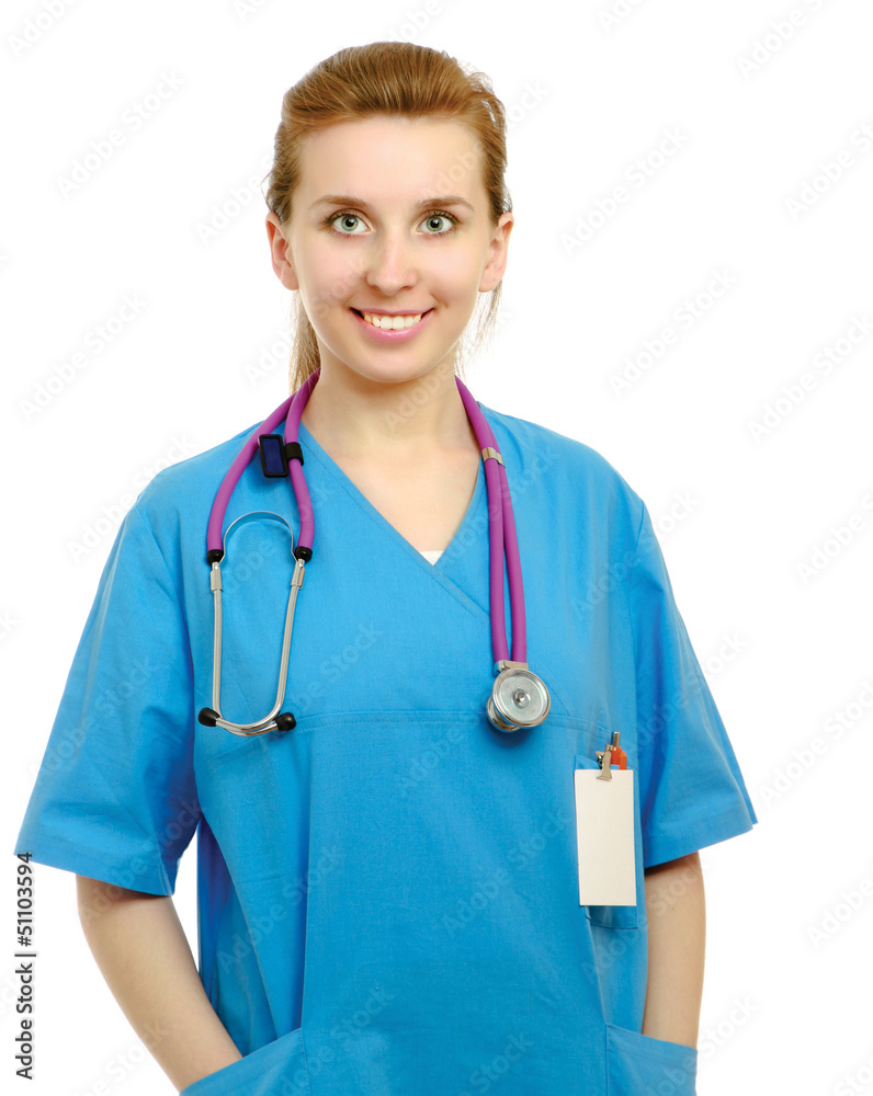 A smiling doctor is standing on white background A smiling doctor is standing on white background