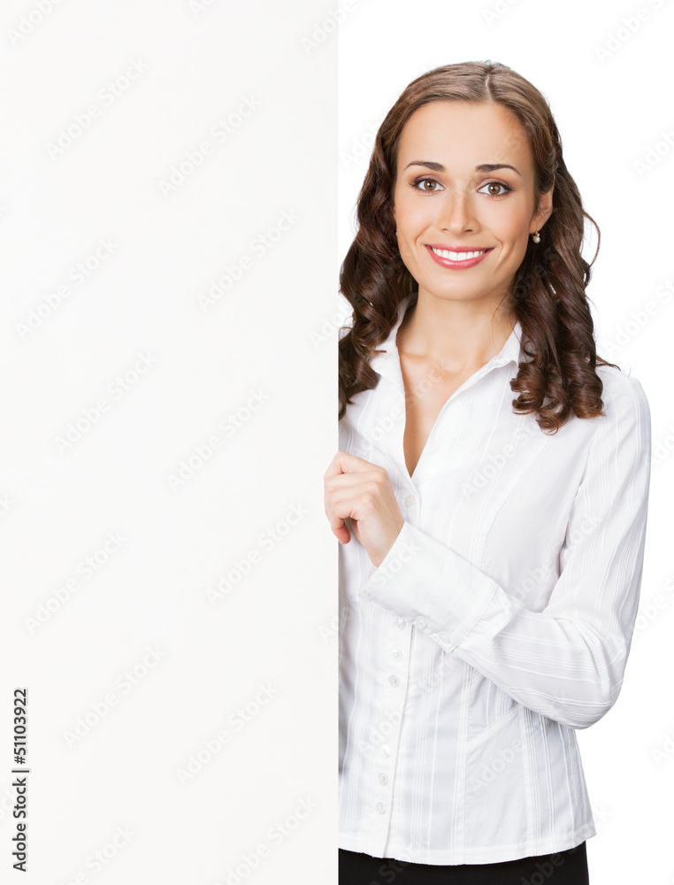 Businesswoman showing blank signboard, on white Businesswoman showing blank signboard, on white