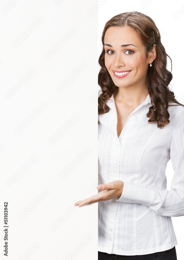 Businesswoman showing blank signboard, on white Businesswoman showing blank signboard, on white