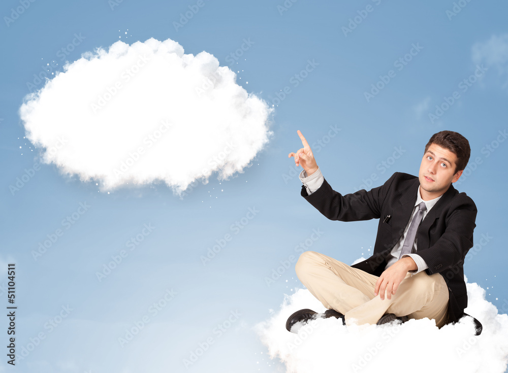 Handsome man sitting on cloud and thinking of abstract speech bu Handsome man sitting on cloud and thinking of abstract speech bu