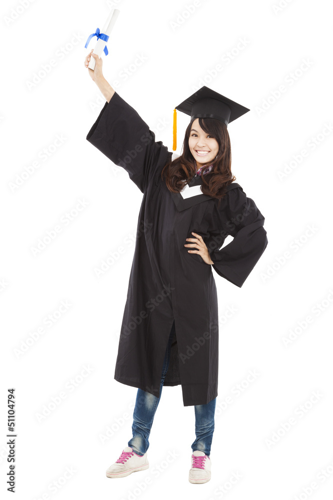 full length beautiful young graduation woman standing