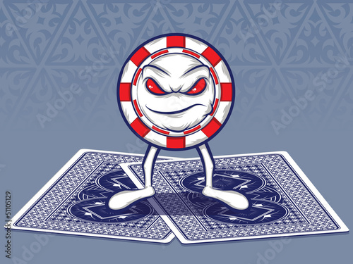 Poker Chip Character Standing on Two Poker Cards