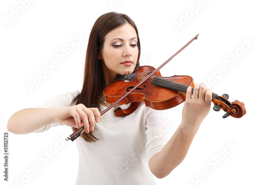 Foto Beautiful young girl with violin, isolated on white