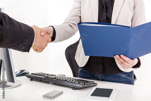 Businesswoman with briefcase man shakes the hand