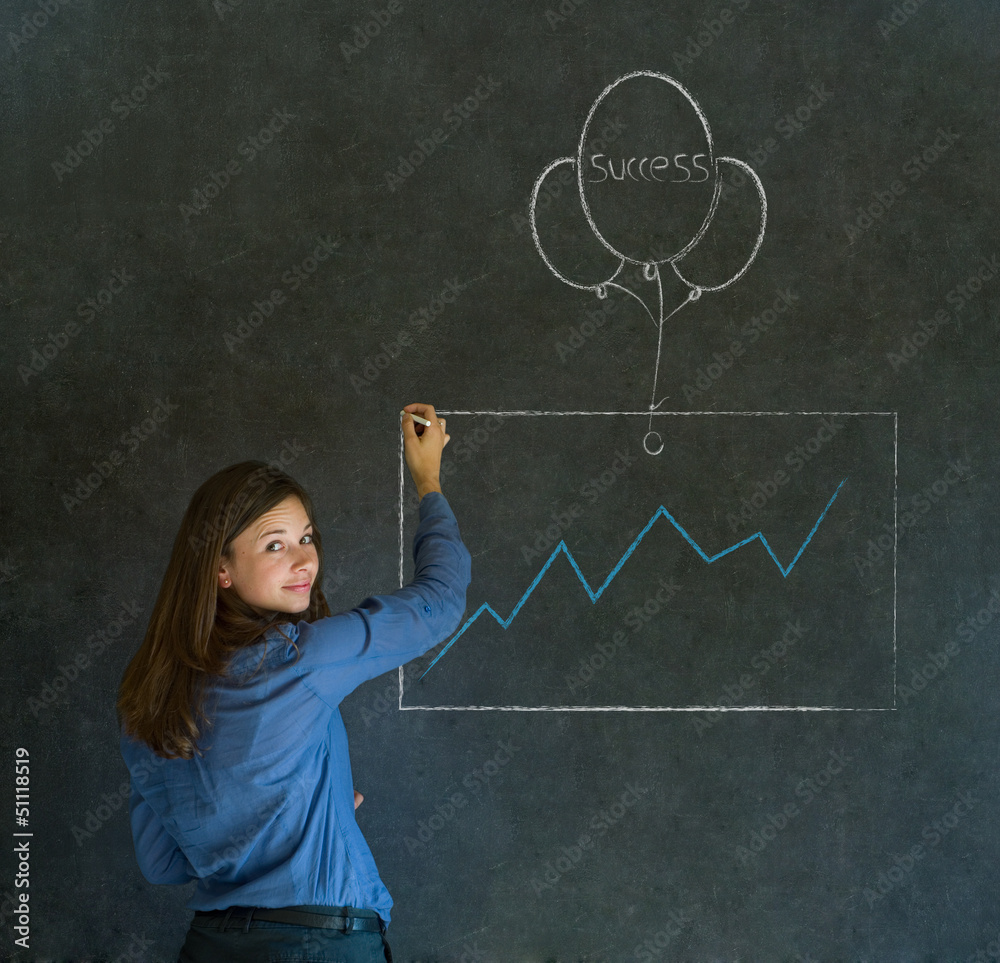 Woman, student or teacher with chalk success graph and balloon
