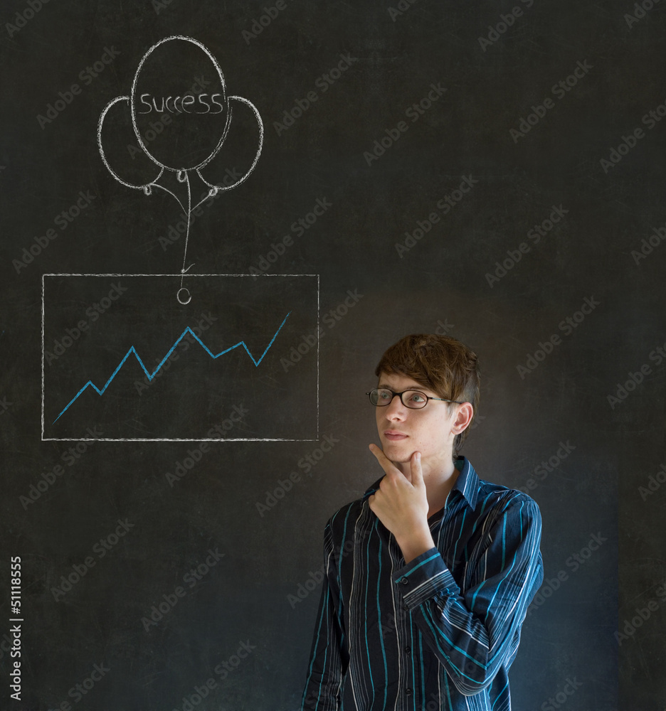 Man, student or teacher with chalk success graph and balloon Man, student or teacher with chalk success graph and balloon