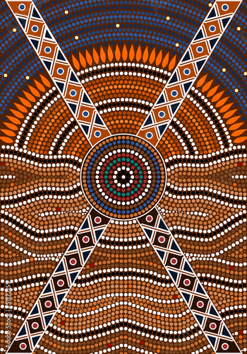 A illustration based on aboriginal style of dot painting depicti photo