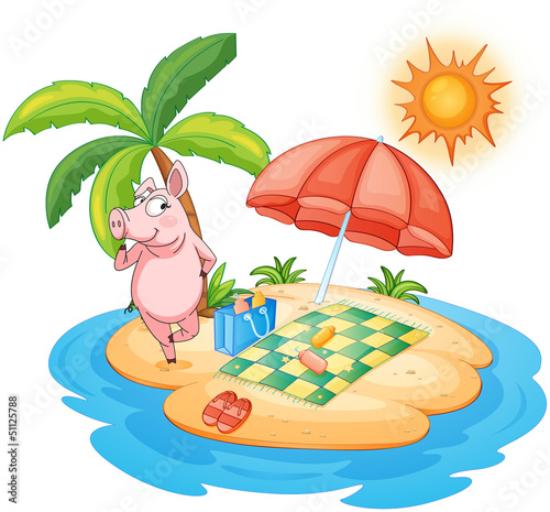 A beach with a pig enjoying summer