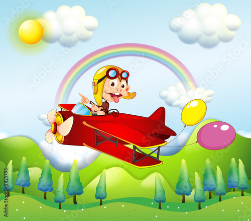 A monkey riding on a red plane with two balloons