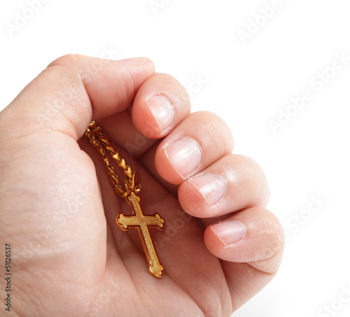 Hand hold golden cross necklace