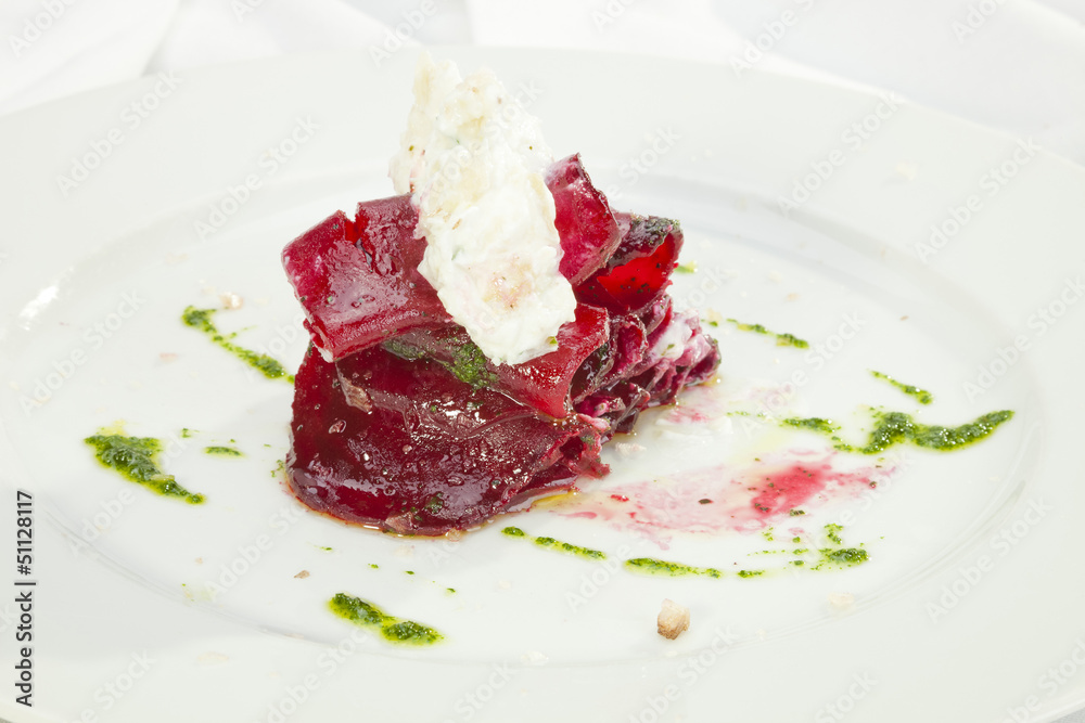 Vegetarian Beatroot Carpaccio w goat cheese and Pesto Vegetarian Beatroot Carpaccio w goat cheese and Pesto